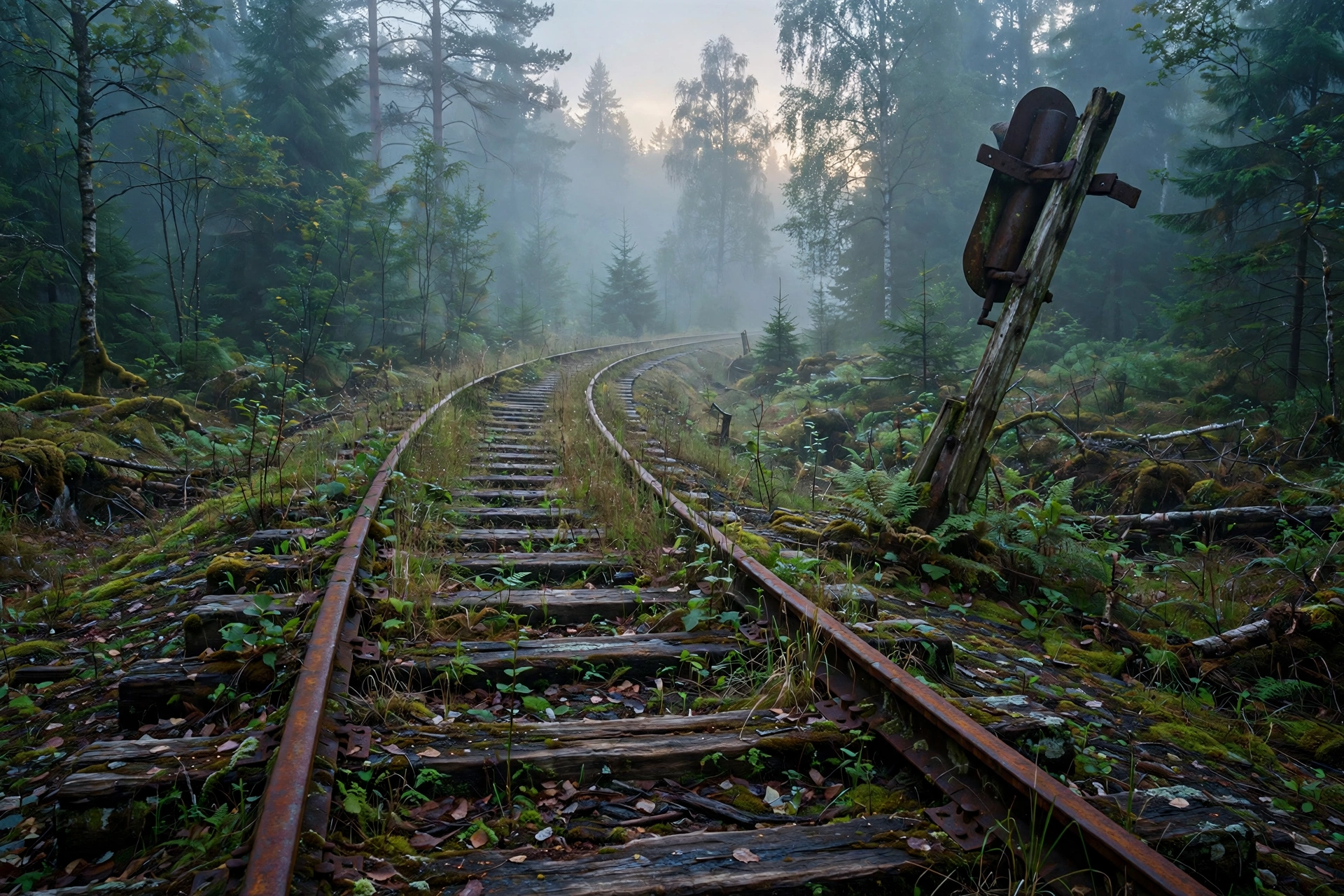 Abandoned railroad tracks overgrown with weeds in a misty forest