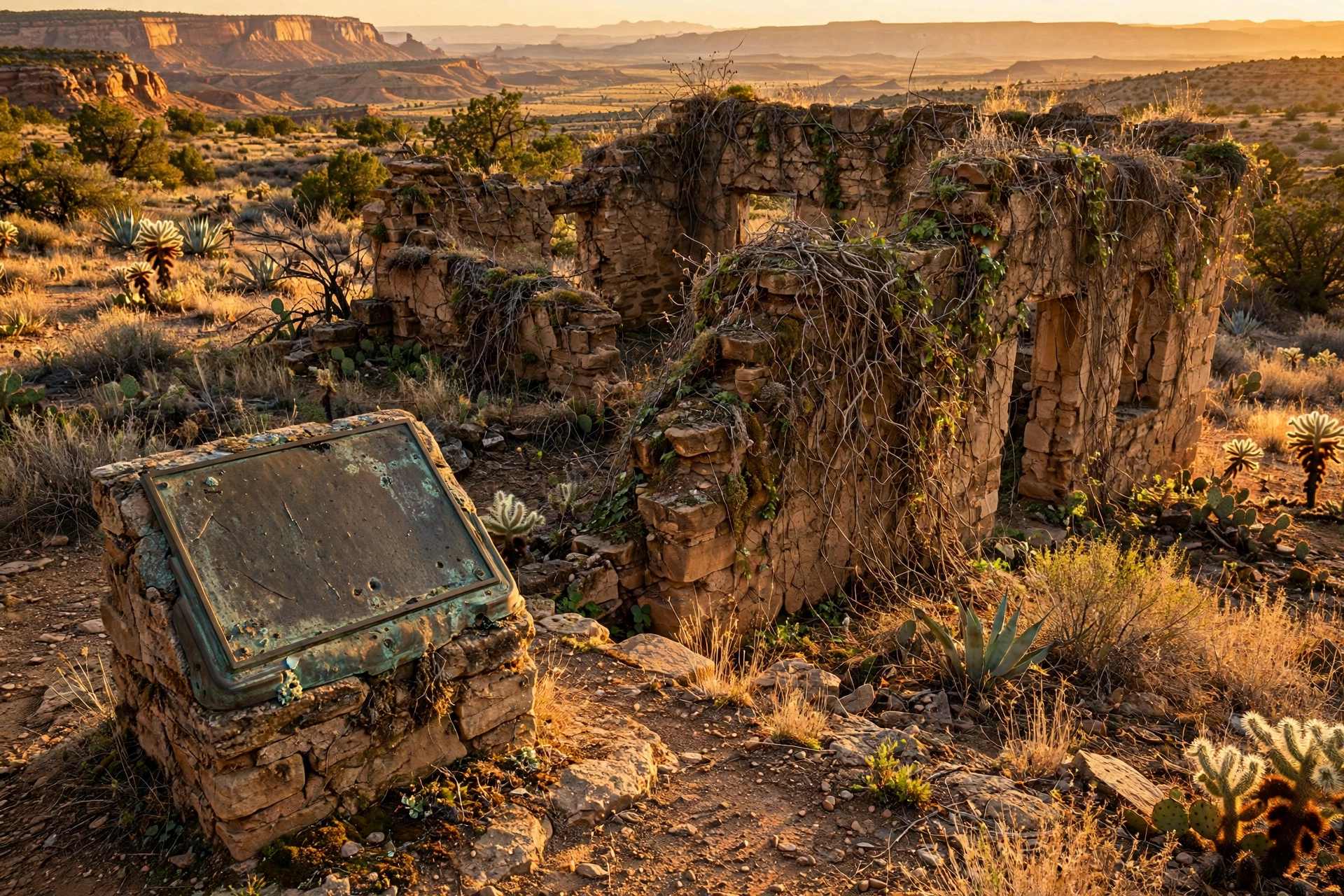 Weathered historical marker beside crumbling stone ruins in the desert at golden hour