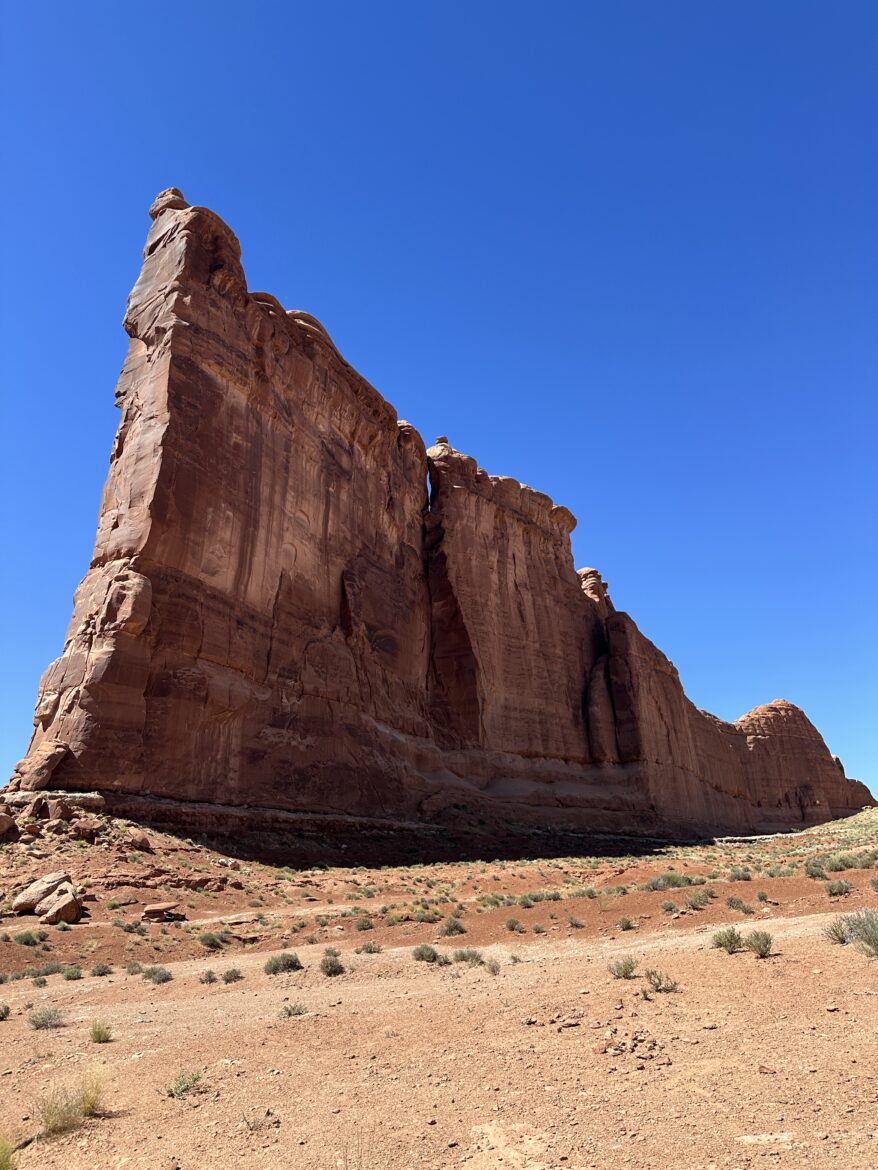 A towering rock sculpture at Arches National Park.
